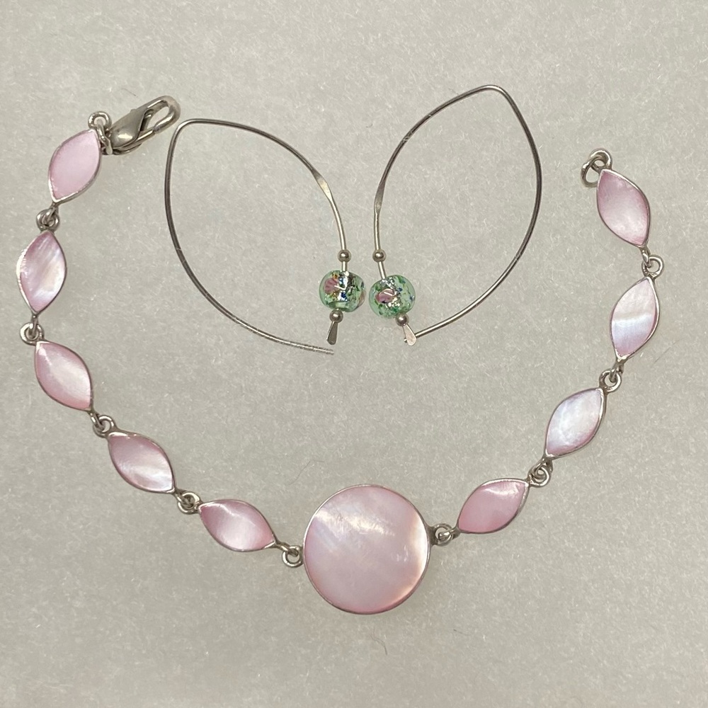 Sterling silver pink abalone bracelet and sterling silver earrings w/ glass bead